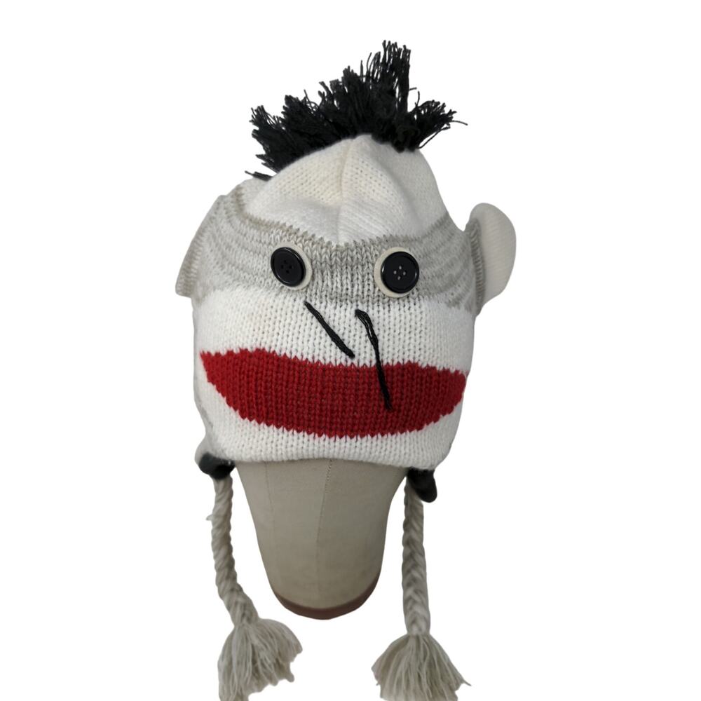 Sock Monkey Knit Beanie Hat Cap Button Eyes 100% Acrylic Gray White